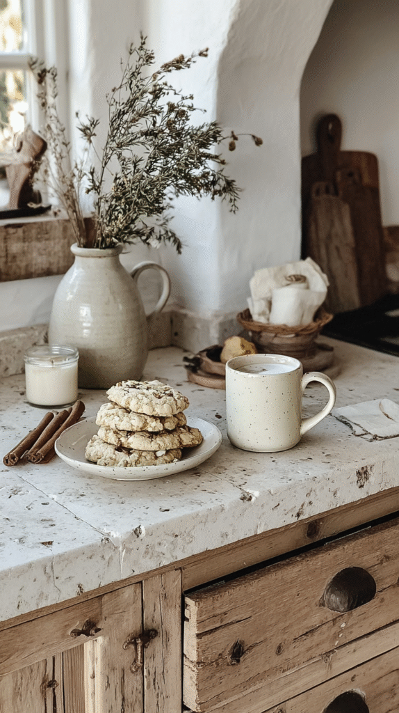 fall-slow-living-habits-cookies Rustic kitchen with almond cookies and a mug on a stone counter, alongside cinnamon sticks and a vase of dried flowers.