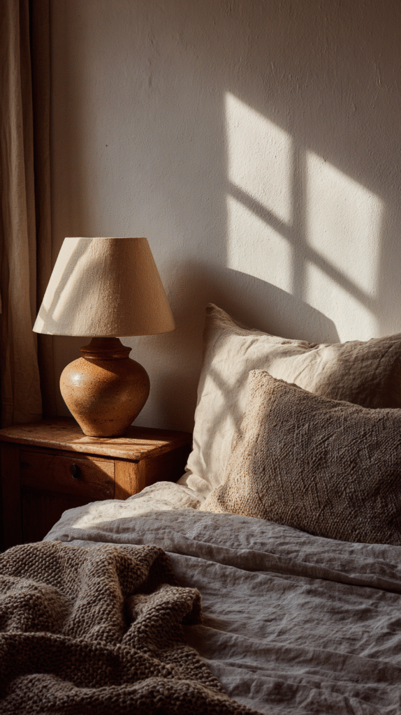 fall-slow-living-habits-evening-routine Cozy bedroom with rustic lamp and pillows bathed in soft sunlight. Textured blanket on bed. Warm, tranquil atmosphere.