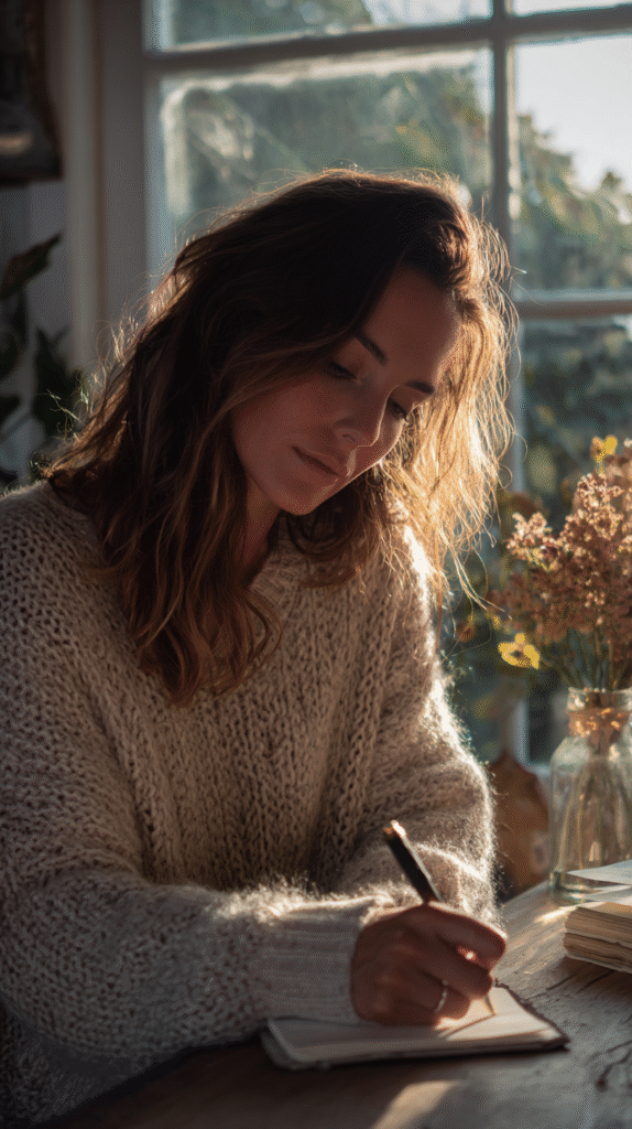 fall-slow-living-habits-journaling Woman writing in a notebook near a window with sunlight, wearing a cozy sweater, peaceful home setting.