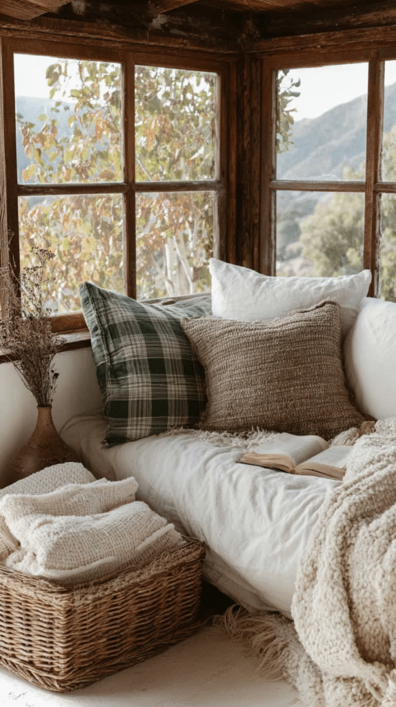 fall-slow-living-habits-reading-nook Cozy reading nook with pillows, blankets, and a scenic window view of nature. Perfect for relaxation and tranquility.