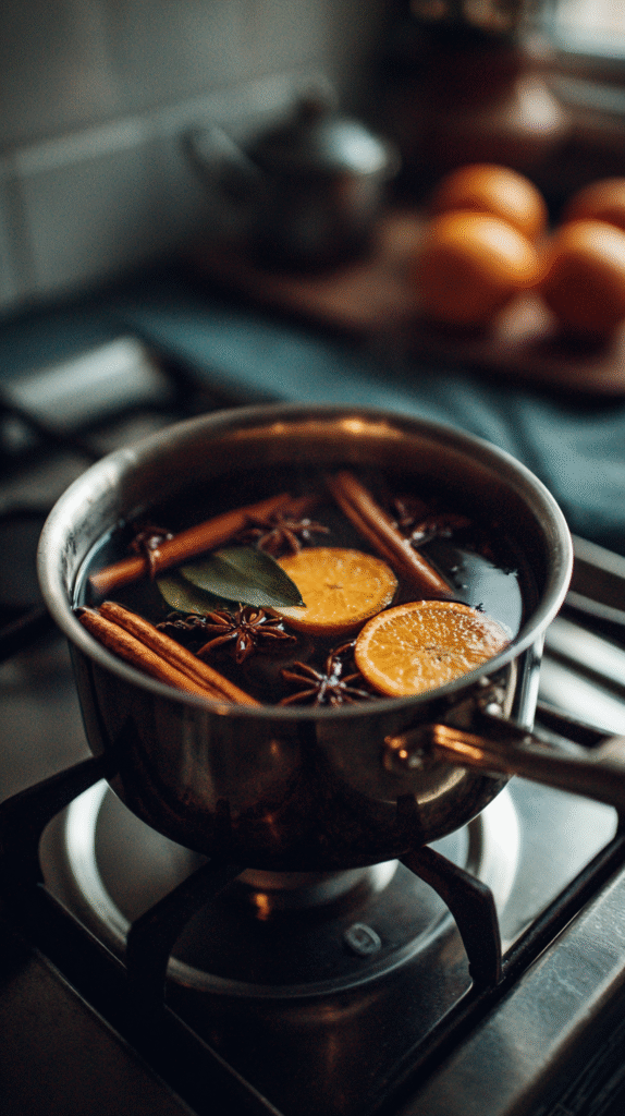 fall-slow-living-habits-simmer-pot Pot of spiced mulled wine on stove with cinnamon, anise, orange slices, and bay leaves, creating a cozy winter vibe.