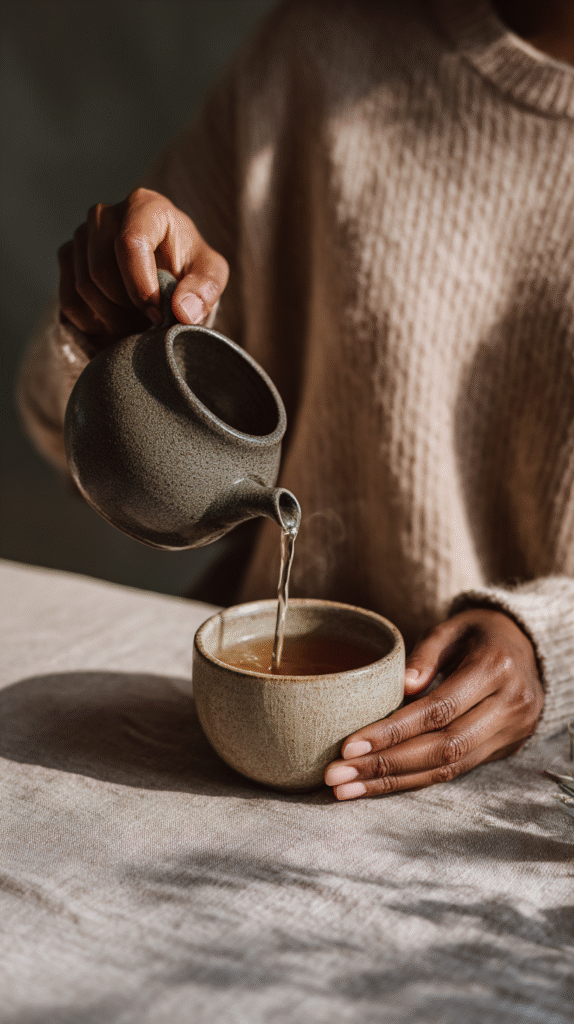 fall-slow-living-habits-tea Person pouring herbal tea from a ceramic teapot into a matching cup on a textured tablecloth.