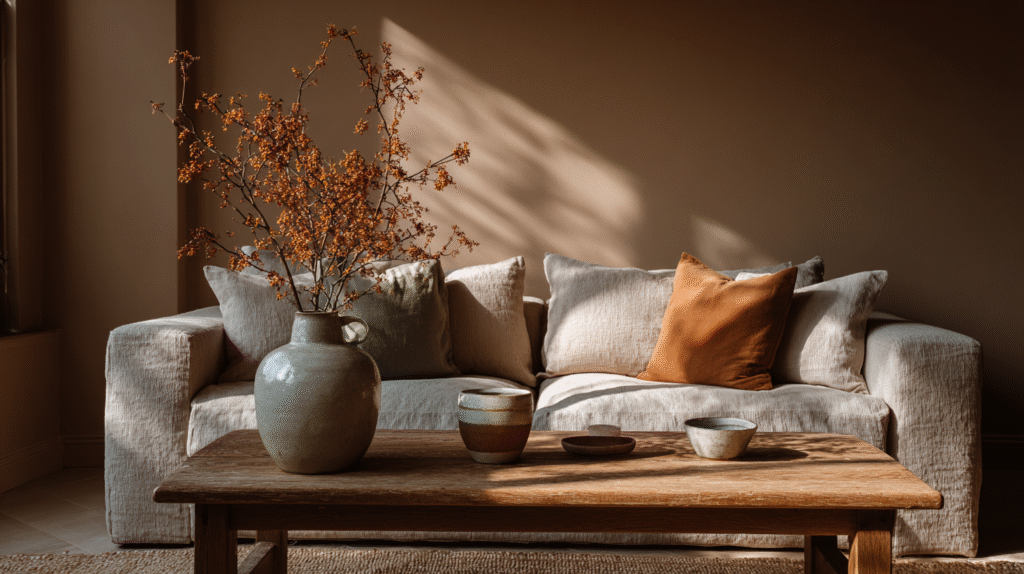 Cozy living room with beige sofa, warm lighting, rustic coffee table, earthy decor, and vibrant autumn branches in a vase.