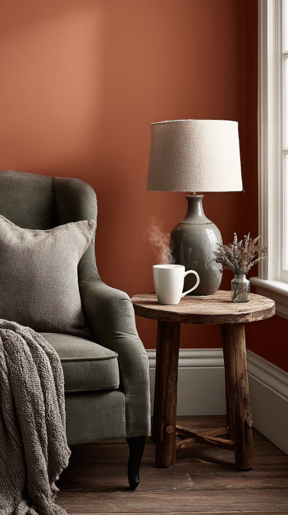 grounding-colors-burnt-orange Cozy living room corner with a gray armchair, wooden side table, lamp, steaming coffee mug, and warm-toned wall.