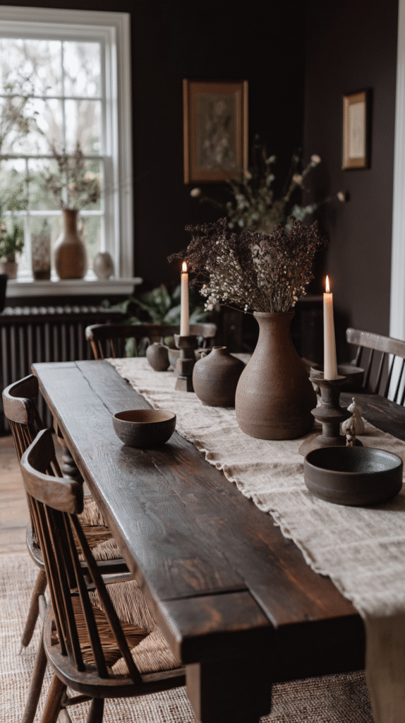 grounding-colors-chocolate-brown Rustic dining room with dark wood furniture, candles, and earthy decor creating a cozy, inviting atmosphere.