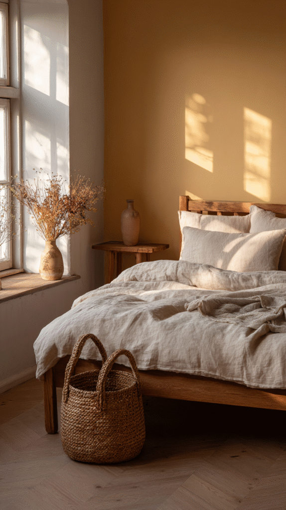 grounding-colors-ochre Cozy bedroom with sunlit beige linen bed, wicker basket, and dried flowers on a wooden table. Minimalist decor.