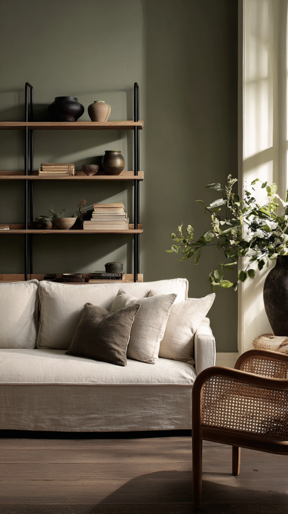 grounding-colors-olive-green Cozy living room with beige sofa, wooden shelving, decorative vases, and a plant, bathed in warm natural light.
