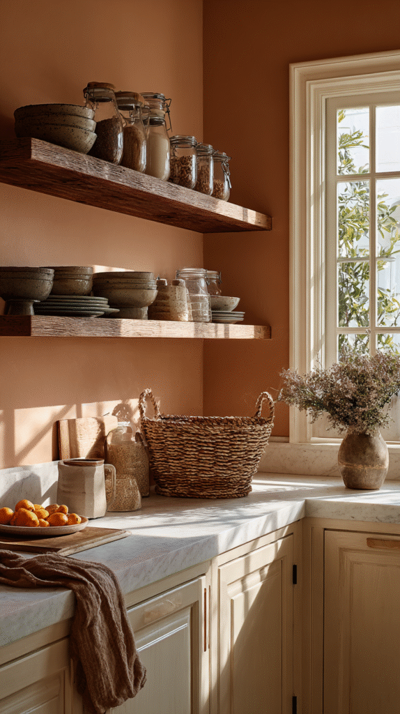 grounding-colors-pumpkin-spice Cozy kitchen corner with wooden shelves, jars, bowls, oranges, and a window view. Earthy tones and natural light.