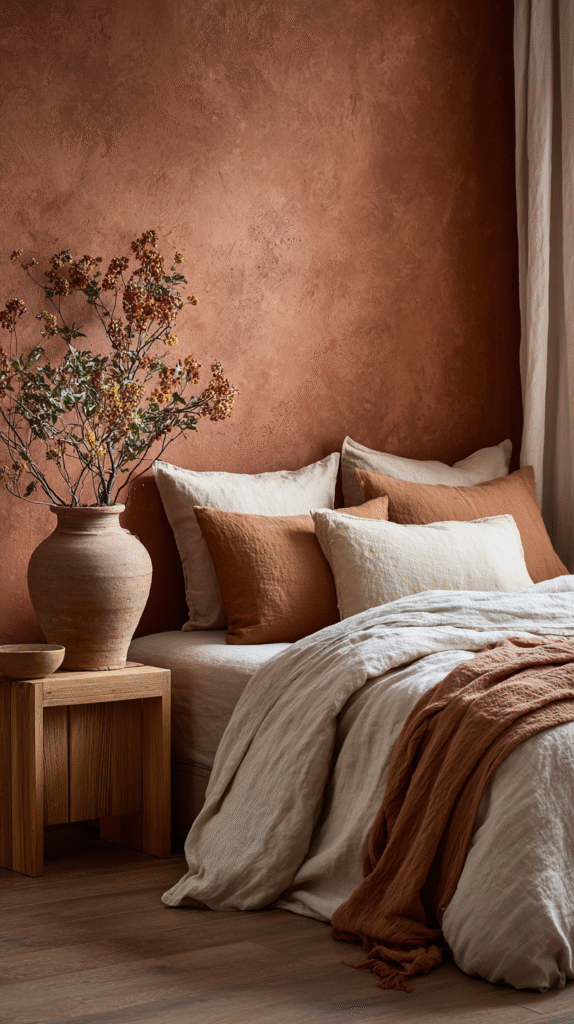 grounding-colors-rust Cozy bedroom with terracotta and beige tones, linen bedding, and a rustic vase on a wooden nightstand.