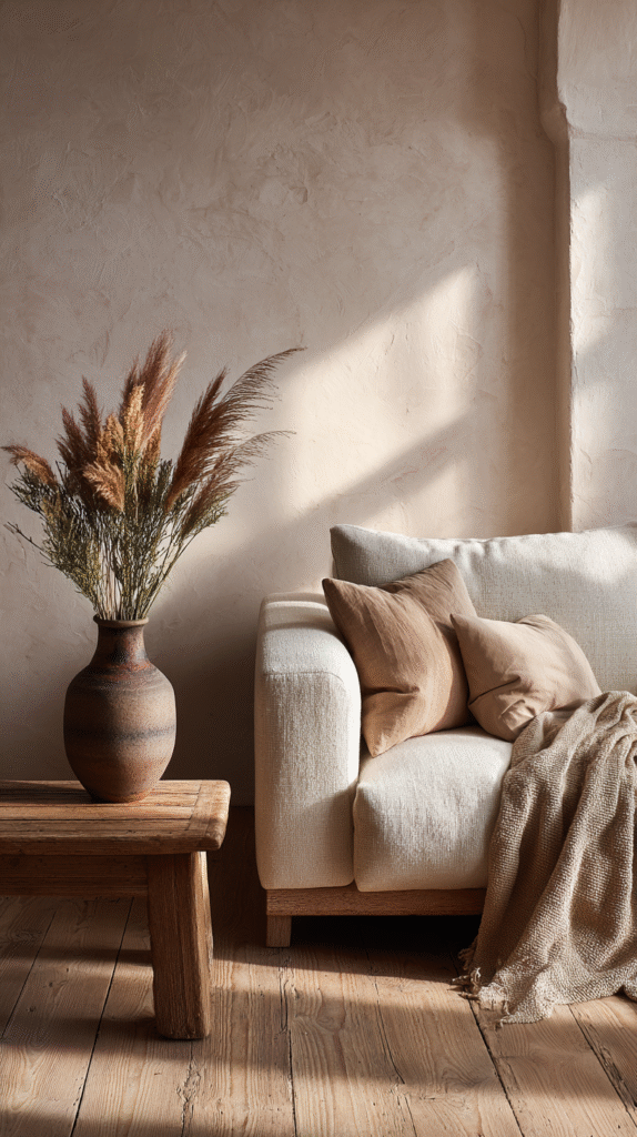 grounding-colors-setting-plaster Minimalist living room with beige sofa, rustic vase, dried pampas grass, and sunlight casting shadows on the textured wall.