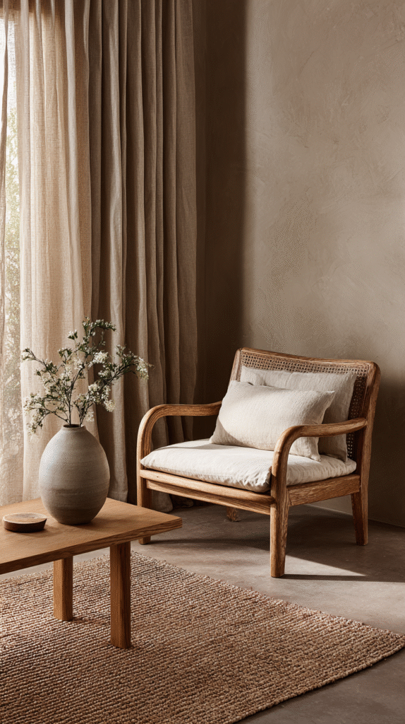 grounding-colors-taupe Cozy minimalist living room with wooden chair, neutral curtains, and a vase on a woven table.