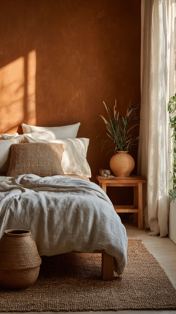 grounding-colors-terra-cotta Cozy bedroom with neutral bedding, woven accents, and natural light through sheer curtains. Earthy tones create warmth.
