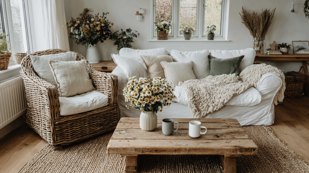 Cozy living room with woven chair, white sofa, rustic coffee table, and fresh daisies in vase.