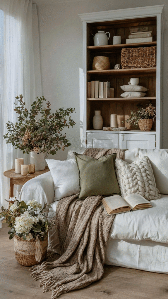 high-and-low-moder-organic-bookshelr Cozy living room with white sofa, green pillows, knitted blanket, and decorative plants in a bright, airy space.