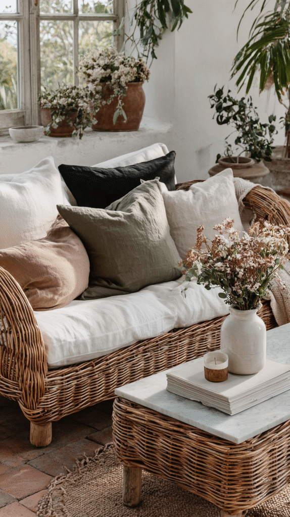 high-and-low-moder-organic-palette Cozy wicker sofa with pillows, plants, and a flower vase in a sunlit living room. Rustic and inviting home decor.