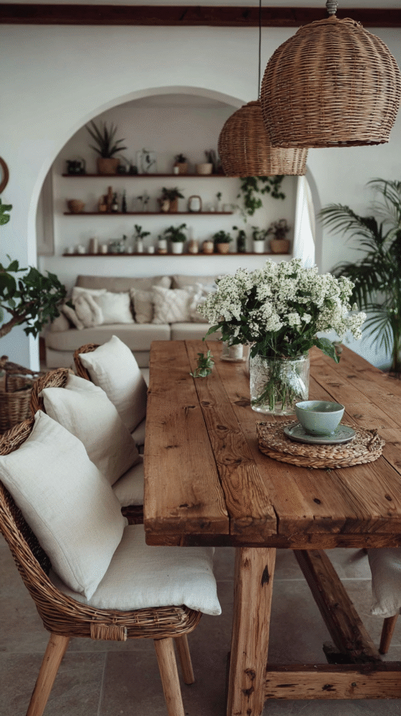 high-and-low-moder-organic-table Cozy rustic dining area with wooden table, wicker chairs, and lush plants for a serene, natural ambiance.
