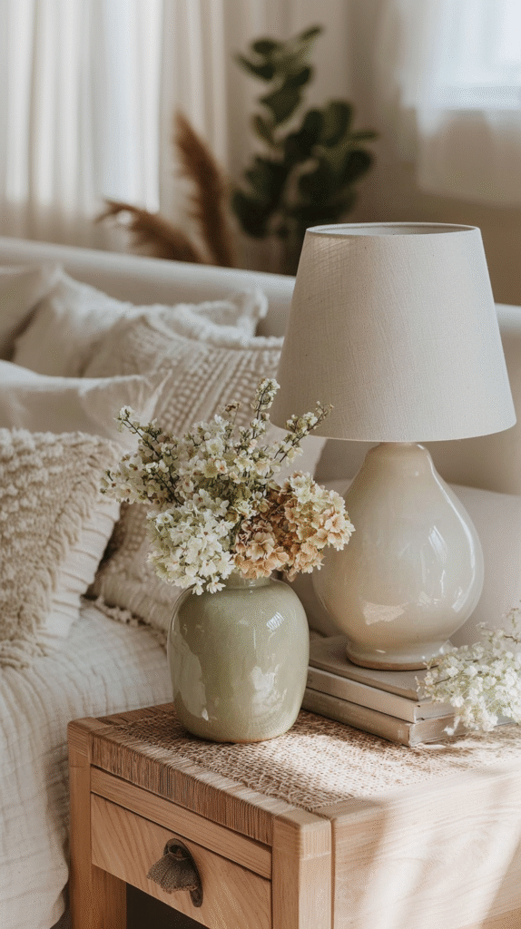 high-and-low-moder-organic-vase Cozy bedroom decor with a vase of flowers, a lamp, and books on a wooden nightstand.