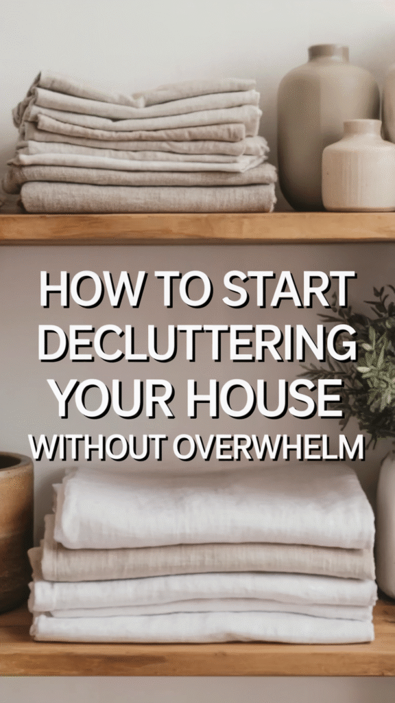 Organized shelf with folded linens and vases; tips on decluttering your home without feeling overwhelmed.