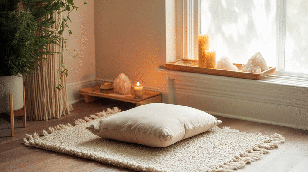 Cozy meditation space with cushion, candles, crystals, and plants, creating a serene and peaceful atmosphere by the window.