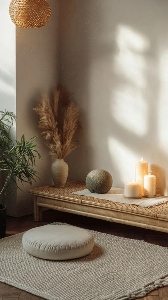 meditation-corner-budget-corner Cozy meditation corner with soft lighting, round cushion, candles, and plants on textured rug and wooden floor.
