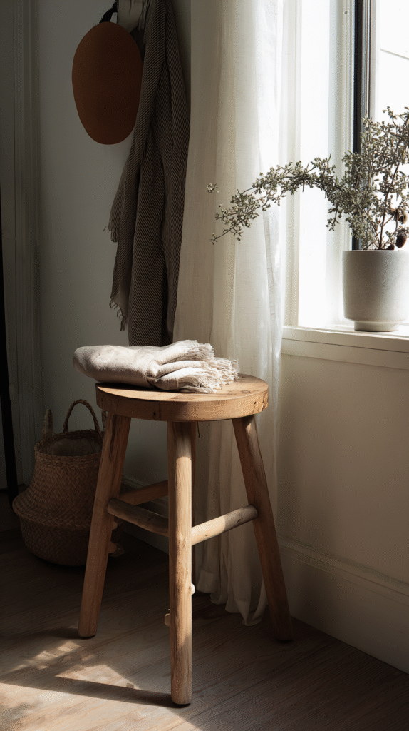 meditation-corner-budget-essentials Wooden stool by a sunlit window with folded beige linens and potted greenery. Cozy, minimalist decor.