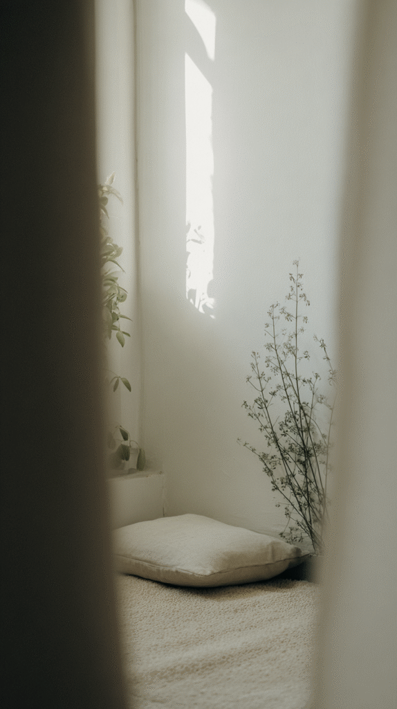 meditation-corner-budget-space Minimalist cozy corner with soft pillow, plants, and gentle lighting. Perfect spot for relaxation and meditation.