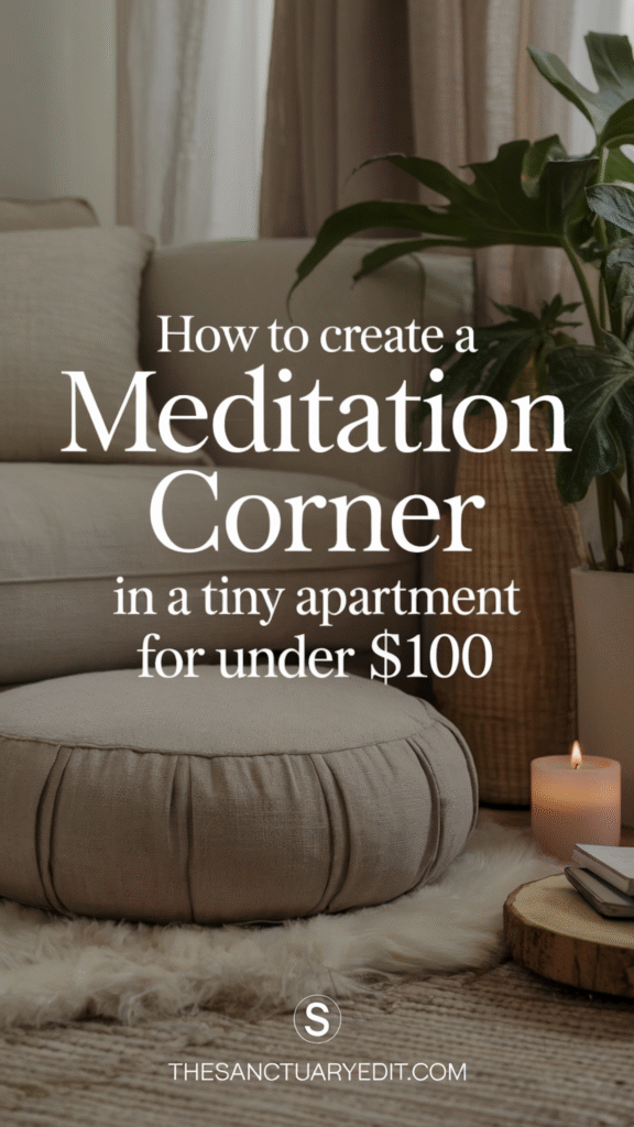meditation-corner-ideas2 Cozy meditation corner setup in a small apartment with cushion, candle, and plant for under $100.