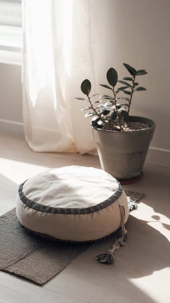 meditation-corner-pillow Round floor cushion on woven mat beside potted plant in sunlit room. Cozy and minimalist home decor.