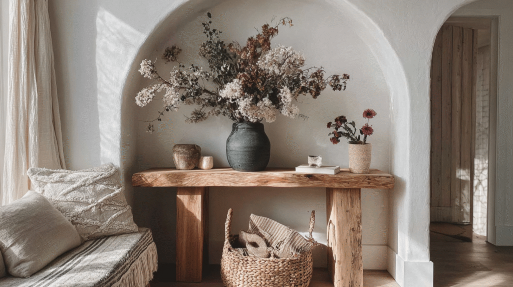 Cozy living room corner with rustic wood table, decorative vases, dried flowers, wicker basket, and textured pillows.