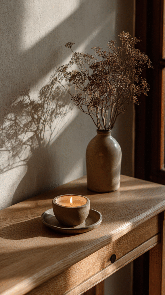 minimalist-fall-entryway-candle Minimalist decor with a lit candle and dried flowers in a vase casting shadows on a wooden surface.