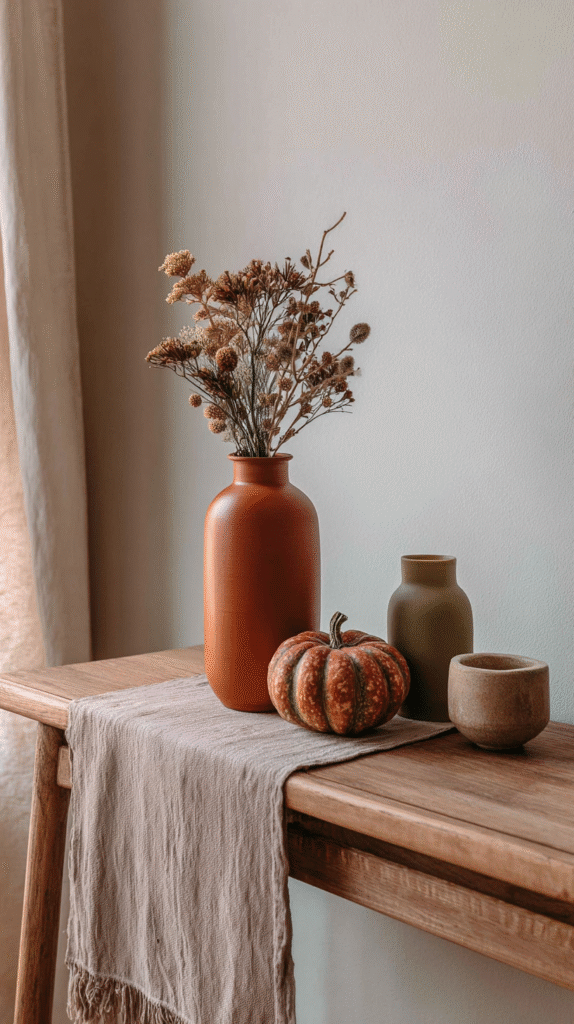 minimalist-fall-entryway-earthy-colors Rustic autumn decor with dried flowers in a vase, small gourds, and pottery on a wooden table with a linen cloth.