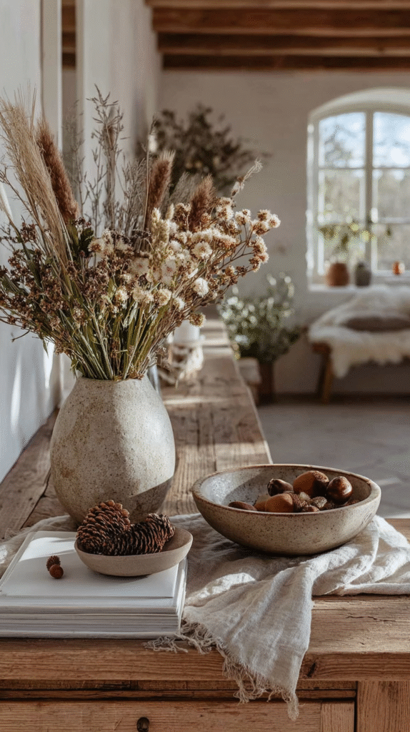 minimalist-fall-entryway-natural-elements Cozy rustic decor with dried flowers in a vase, pinecones, and nuts on a wooden table by a sunlit window.