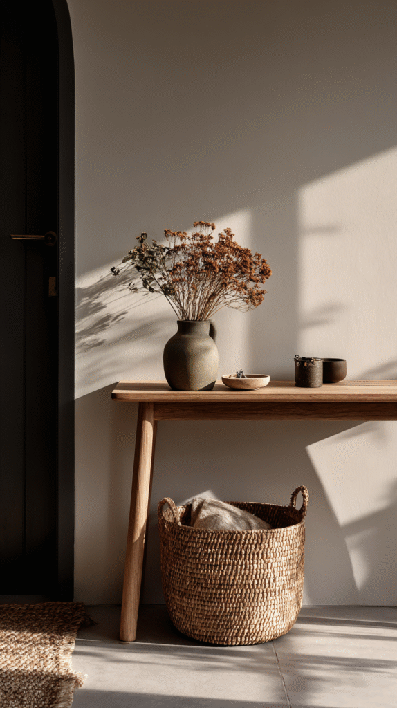 minimalist-fall-entryway-practical Minimalist decor with a vase of dried flowers on a wooden table, woven basket, and soft sunlight casting shadows.