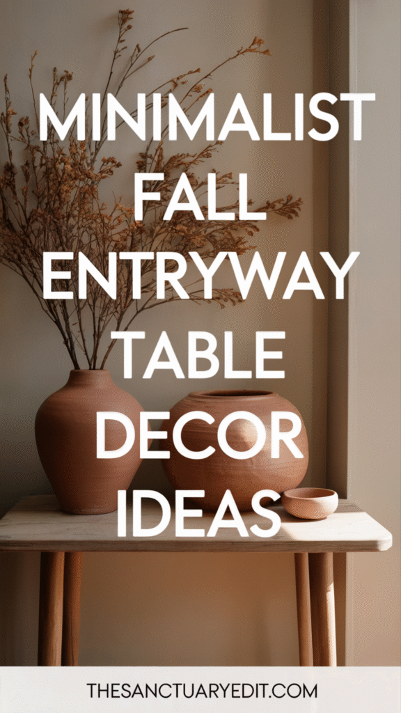 minimalist-fall-table-decor-ideas Minimalist fall entryway decor with clay pots and dried branches on a wooden table.