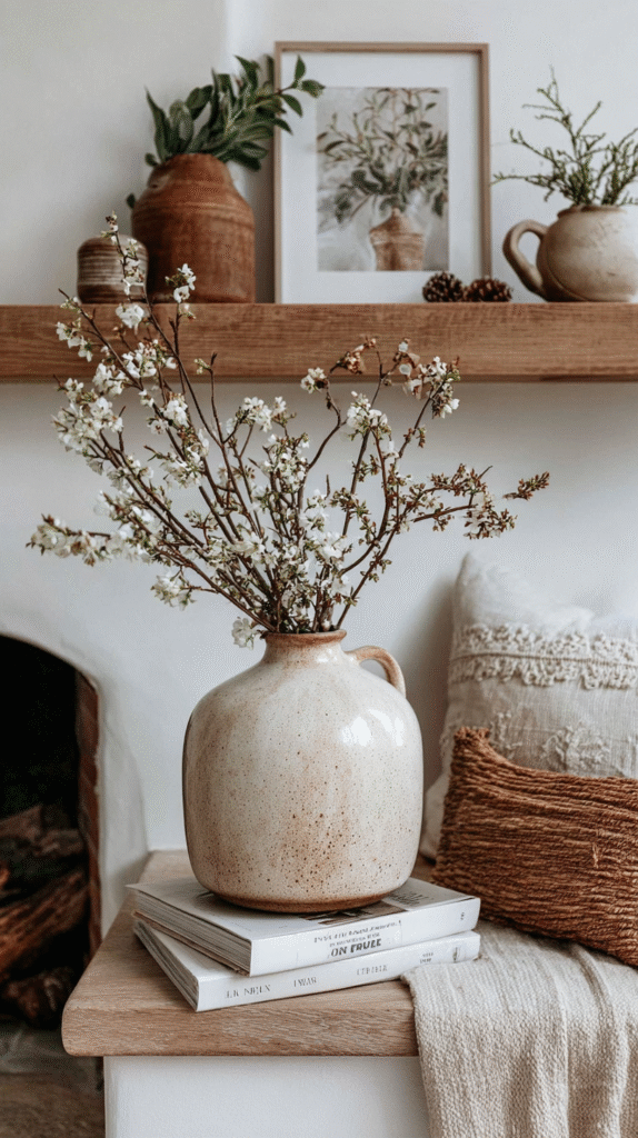minimalist-neutral-fall-decor-branches Rustic ceramic vase with blooming branches on a wooden shelf, surrounded by cozy decor elements and neutral tones.