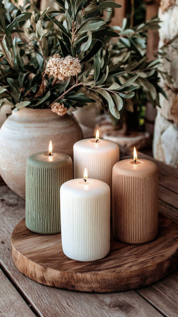 minimalist-neutral-fall-decor-candles Four lit pillar candles in natural colors on a wooden tray, surrounded by greenery for a cozy ambiance.