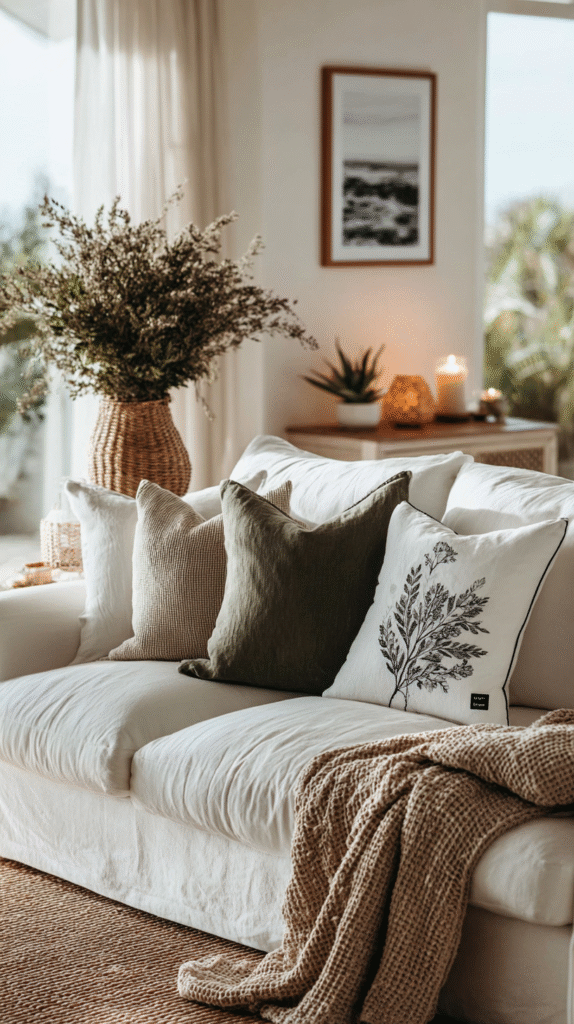 minimalist-neutral-fall-decor-colors Cozy living room with white sofa, textured pillows, woven basket, and candlelit ambiance.
