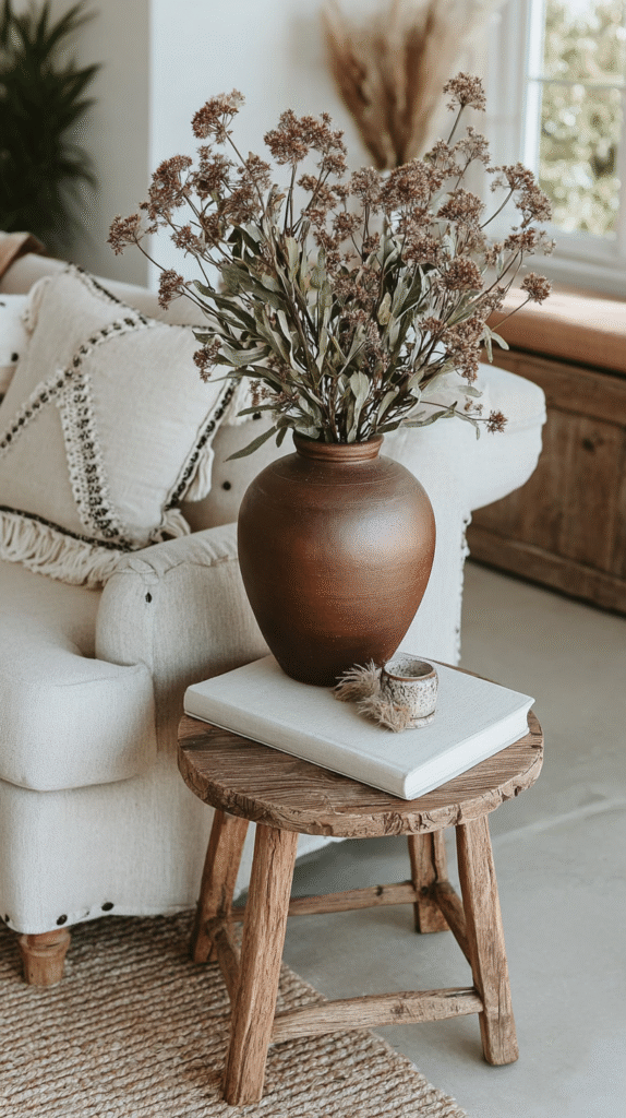 minimalist-neutral-fall-decor-earthy-colors Rustic living room with a wooden vase of dried flowers on a wooden stool, white sofa, and cozy decor.