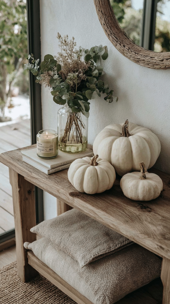 minimalist-neutral-fall-decor-entryway Wooden table with white pumpkins, a lit candle, and a lush vase of greens, perfect for cozy autumn decor.