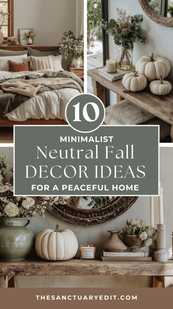 minimalist-neutral-fall-decor-ideas Minimalist fall decor ideas with neutral tones, featuring pumpkins, candles, and cozy bedroom setting for a peaceful home.
