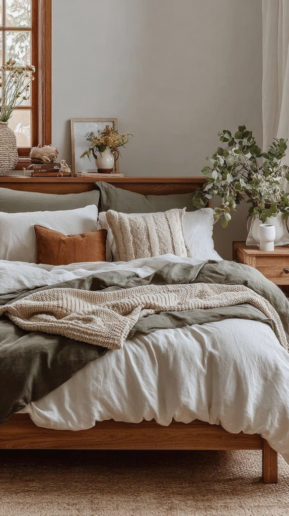 minimalist-neutral-fall-decor-refresh-colors Cozy, rustic bedroom with wooden bed, neutral bedding, knit blanket, and decorative plants by the window.