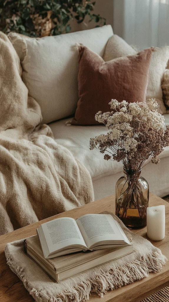 minimalist-neutral-fall-decor-textures Cozy living room with beige couch, open book, candle, and dried flowers on a wooden table.