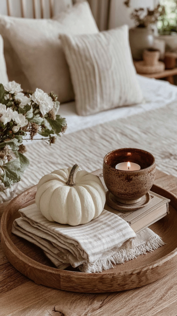 minimalist-neutral-fall-decor-vignette Cozy bedroom decor with white pumpkin, lit candle, and flowers on wooden tray, enhancing warm and inviting atmosphere.