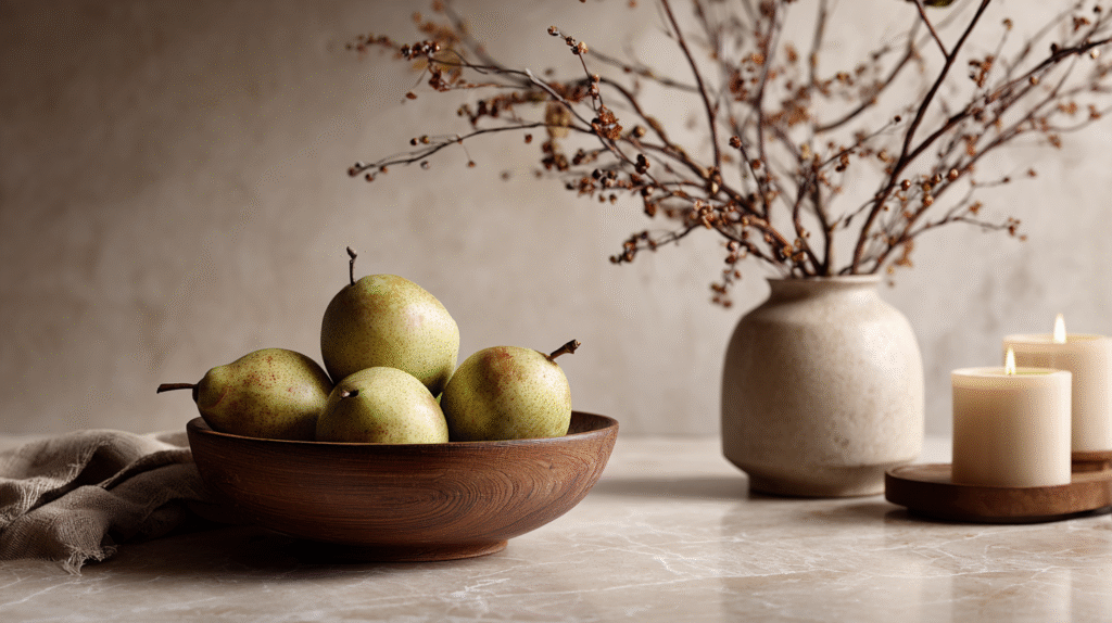 Wooden bowl of ripe pears on marble, with candles and a vase in the background.