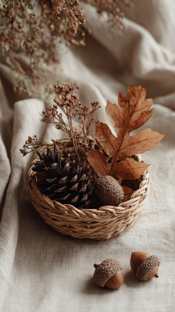 natural-fall-decor-bowl Woven basket with pinecone, dried leaves, and acorns on a linen cloth, evoking a cozy autumn atmosphere.