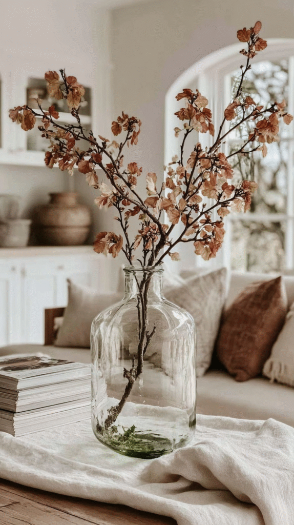 natural-fall-decor-branches Glass vase with autumn branches on a cozy living room table, surrounded by books and cushions in a bright setting.