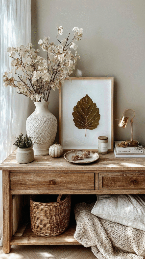 natural-fall-decor-framed leaf Rustic wooden console with dried flowers, framed leaf art, and cozy decor in a sunlit room.