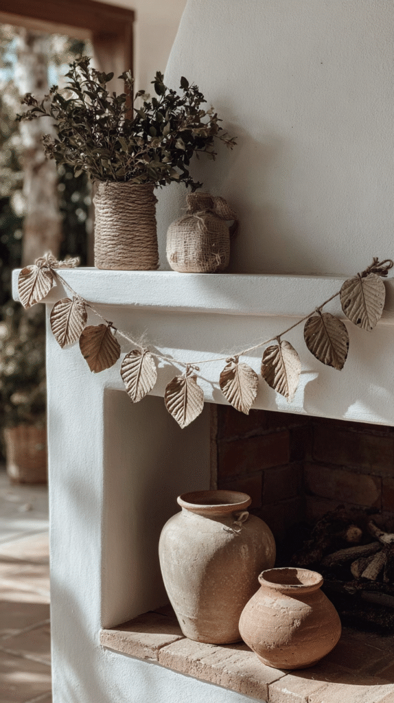 natural-fall-decor-garland Rustic mantel with clay pots, leafy garland, and potted plant, creating cozy autumn decor in sunlight.