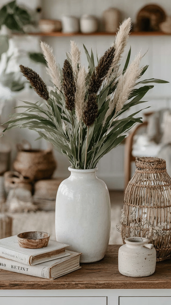 natural-fall-decor-grasses Elegant dried pampas grass arrangement in white vase on rustic wooden table with books and ceramics.