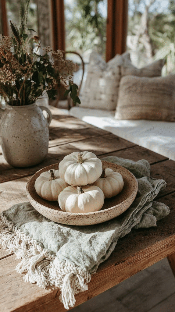 natural-fall-decor-pumpkins Rustic table setting with white pumpkins in a bowl, cozy fall decor, and natural light streaming through a window.